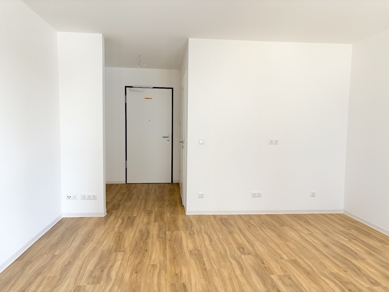 Ansicht des hellen 1-Zimmer-Apartments mit Blick zu Eingangstür, Tür zum dazugehörigem Bad und diversen Elektronik-Anschlüssen an den Wänden.